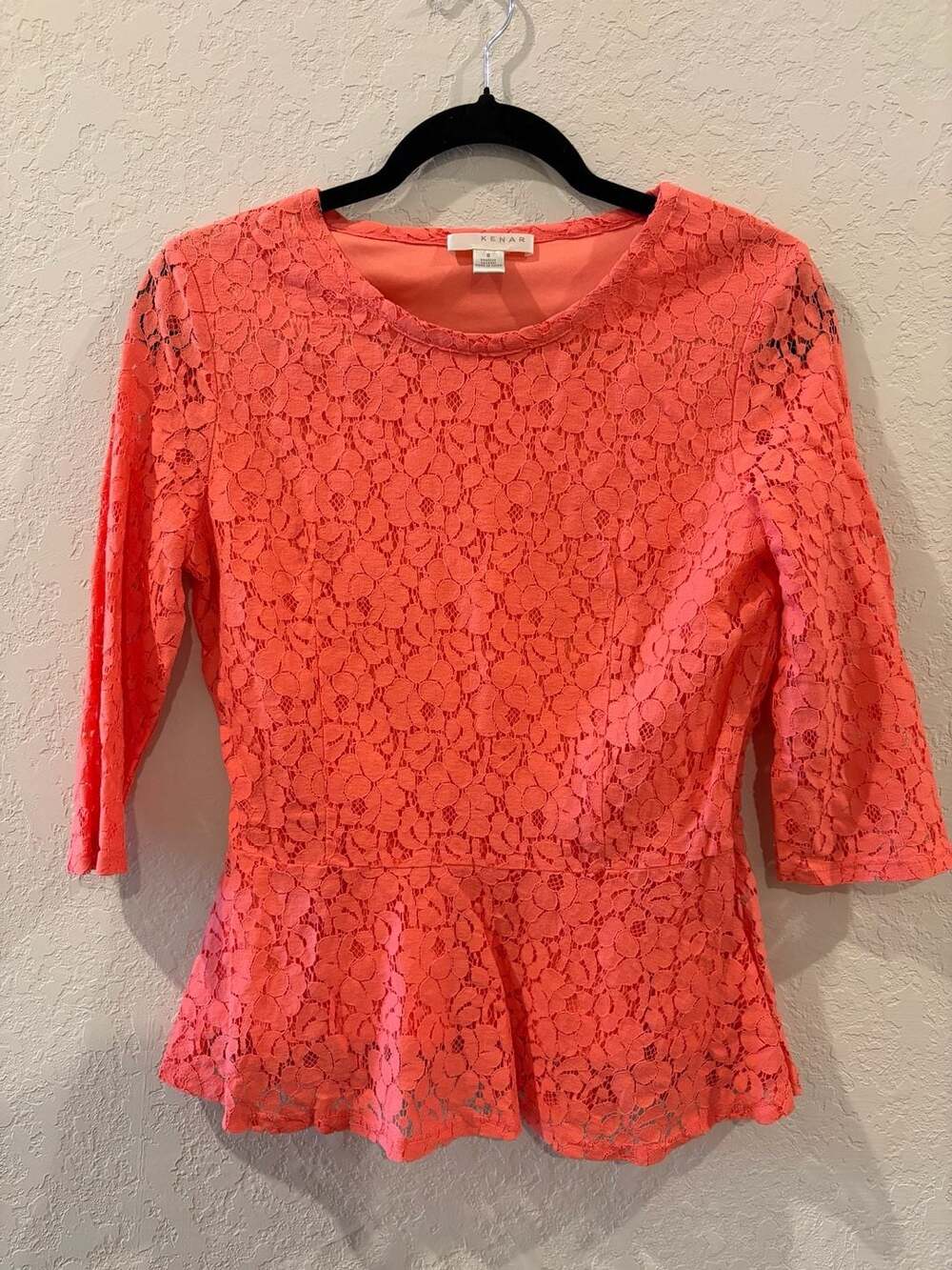 Kenar Coral Floral Lace Peplum Blouse with 3/4 Sleeves